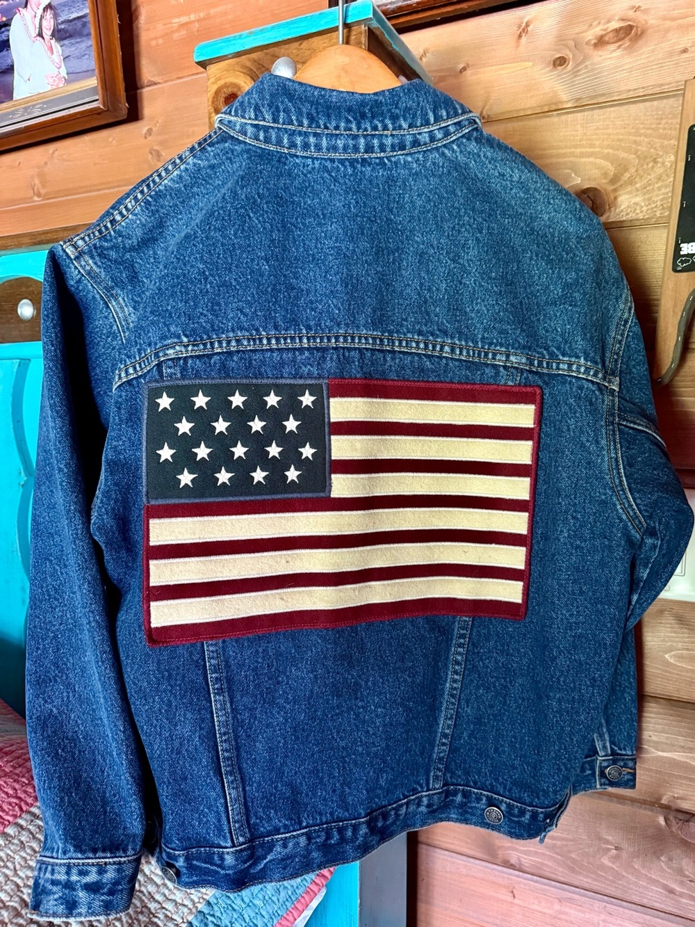 PATRIOTIC DOUBLE D RANCH DENIM FLAG JACKET, size XS